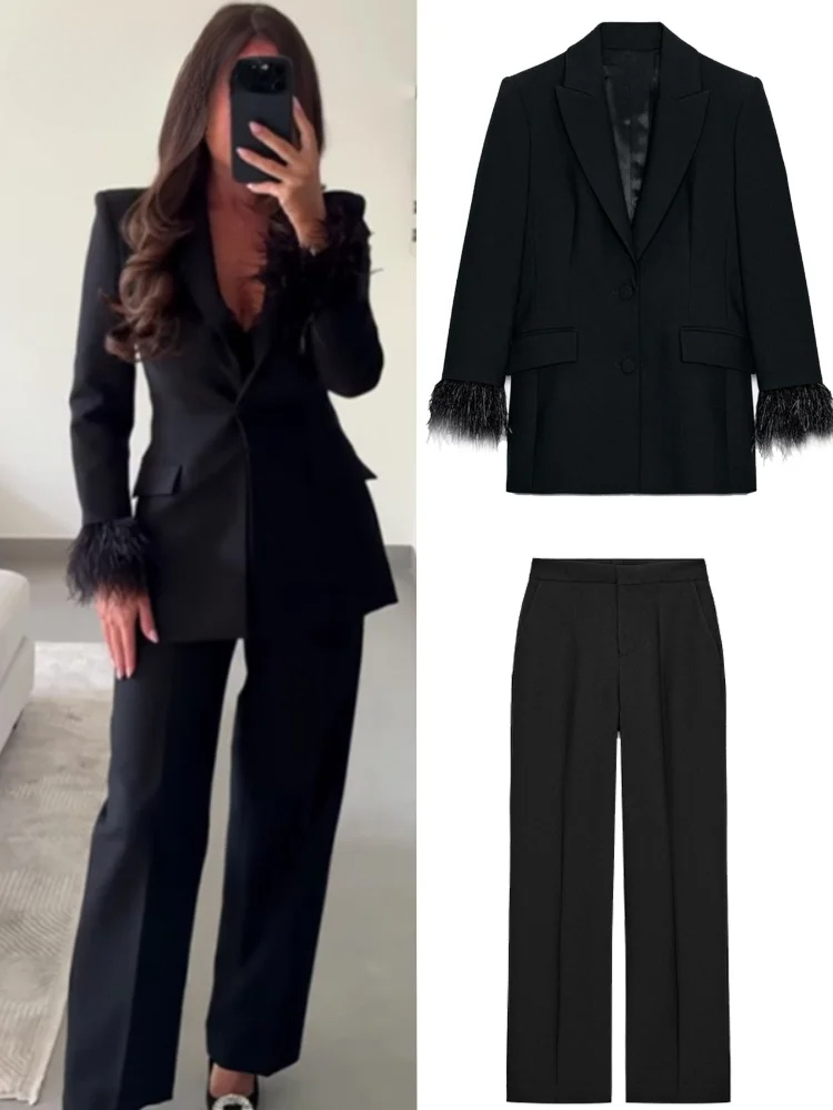 Shoulder Pad Set In - Elegant Feather Blazer Pants Sets Women