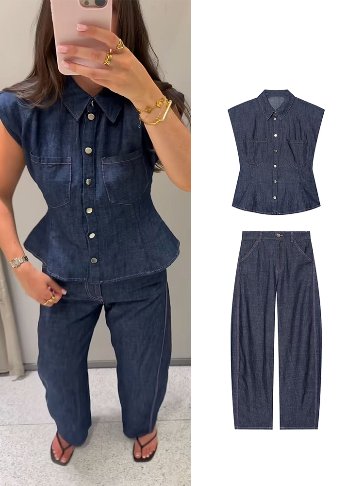 TFMLN Women Denim Pant Set Chi - Shoulder Pad Set In 评论和价格