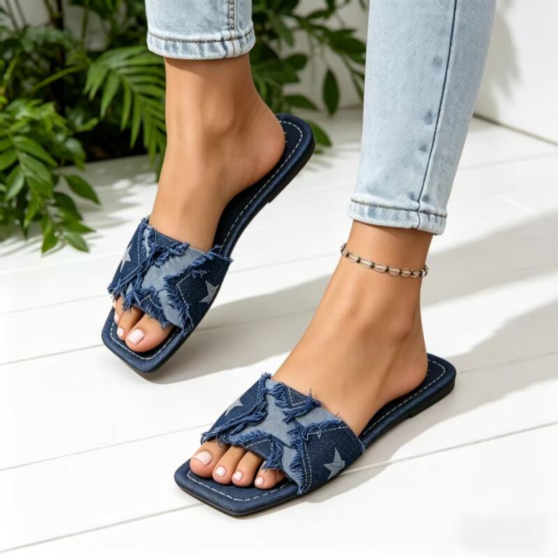 Y2K Denim Strap Flat Heel Sand - Sewing Factory 评论和价格